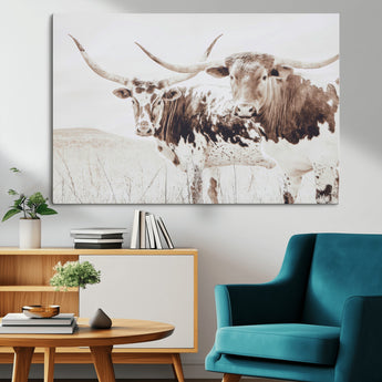 48161868-MGV-CV-36X24-Longhorn Cow Decor Wall Art Canvas Print, Framed Rustic Cattle Art Picture Print, Sepia Western Vibe Perfect Neutral Rustic