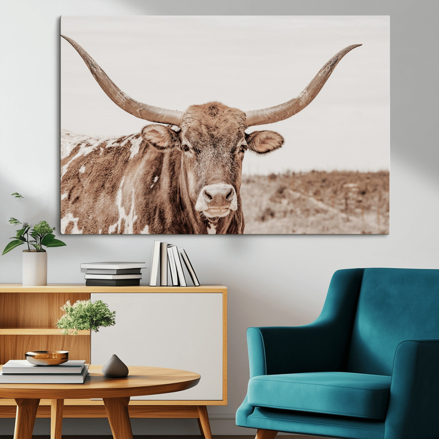 77810049-MGV-CV-36X24-Longhorn Bull Photo Wall Art Canvas Print, Framed Rustic Cow Decor Art Picture Print, Neutral Farmhouse Style Perfect Rustic