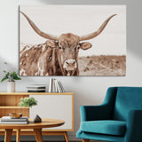77810049-MGV-CV-36X24-Longhorn Bull Photo Wall Art Canvas Print, Framed Rustic Cow Decor Art Picture Print, Neutral Farmhouse Style Perfect Rustic