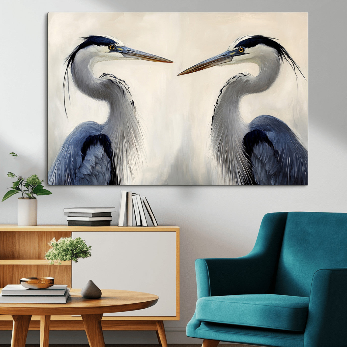18230556-MGV-CV-36X24-Blue Heron Pair Wall Art Canvas Print, Framed Coastal Bird Theme Art Picture Print, Tranquil Wildlife Scene Perfect Coastal