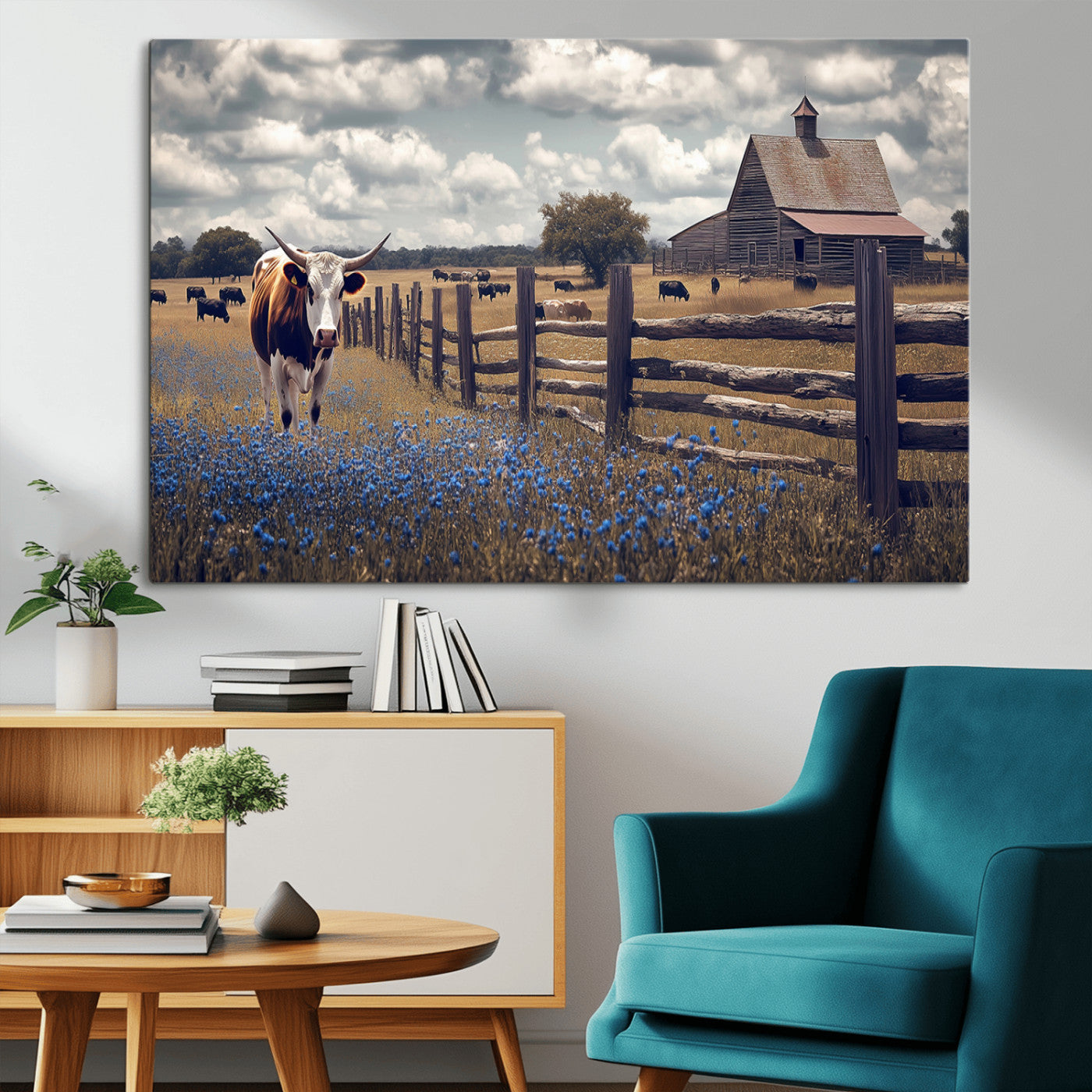 22296025-MGV-CV-36X24-Texas Longhorn Canvas Wall Art Canvas Print, Framed Rustic Barn Wall Art Art Picture Print, Farmhouse Cow Decor Perfect Rustic