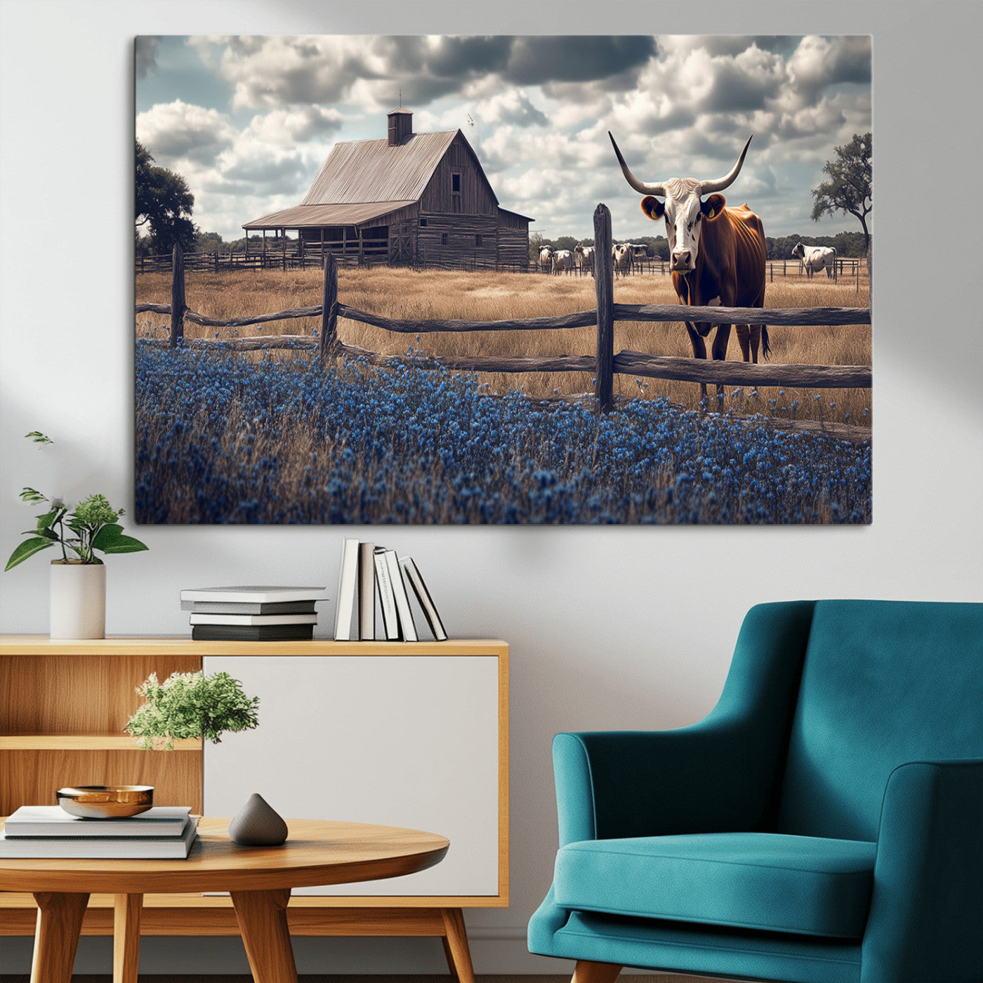 51092814-MGV-CV-36X24-Texas Longhorn Wall Art Wall Art Canvas Print, Framed Rustic Barn Canvas Art Picture Print, Farmhouse Cow Decor Perfect Rustic