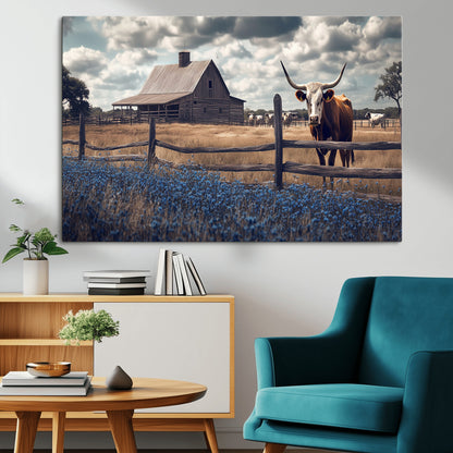 51092814-MGV-CV-36X24-Texas Longhorn Wall Art Wall Art Canvas Print, Framed Rustic Barn Canvas Art Picture Print, Farmhouse Cow Decor Perfect Rustic
