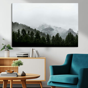 55968349-MGV-CV-36X24-Misty Mountains Wall Art Canvas Print, Framed Foggy Forest Art Picture Print, Snowy Peaks Perfect Moody Wilderness Decor Artwork