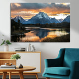 14130176-MGV-CV-36X24-Mountain Sunset Wall Art Canvas Print, Framed Alpine Wilderness Art Picture Print, Golden Hour Perfect Rustic Wilderness Decor