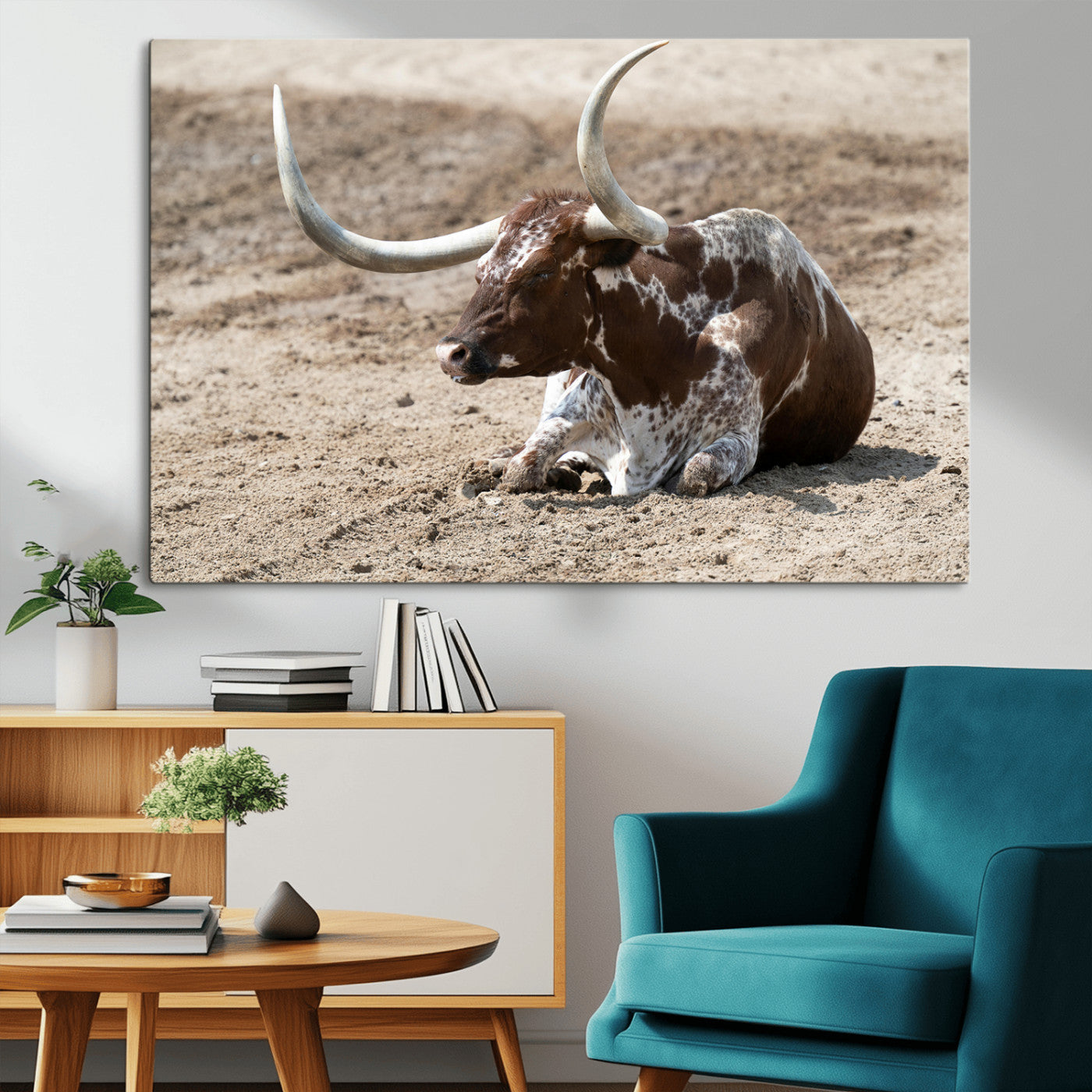 76549210-MGV-CV-36X24-Texas Longhorn Wall Art Canvas Print, Framed Country Living Art Picture Print, Farmhouse Aesthetic Perfect Western Rustic Decor