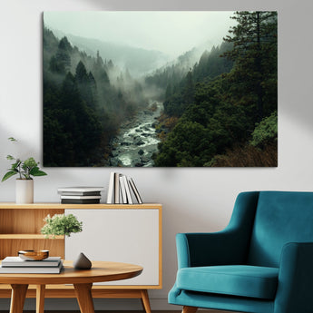 48497565-MGV-CV-36X24-Misty Forest Wall Art Canvas Print, Framed Foggy River Art Picture Print, Moody Landscape Perfect Moody Wilderness Decor Artwork