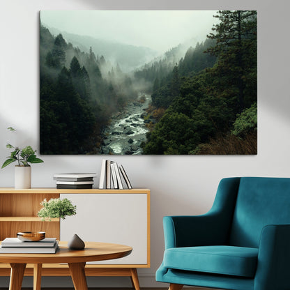 48497565-MGV-CV-36X24-Misty Forest Wall Art Canvas Print, Framed Foggy River Art Picture Print, Moody Landscape Perfect Moody Wilderness Decor Artwork