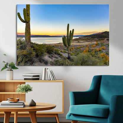 52844711-MGV-CV-36X24-Saguaro Cactus Wall Art Canvas Print, Framed Desert Sunset Art Picture Print, Southwestern Scene Perfect Southwestern Rustic Decor