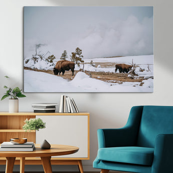 60308289-MGV-CV-36X24-Bison Wildlife Wall Art Canvas Print, Framed Snowy Prairie Art Picture Print, Western Landscape Perfect Rustic Winter Decor