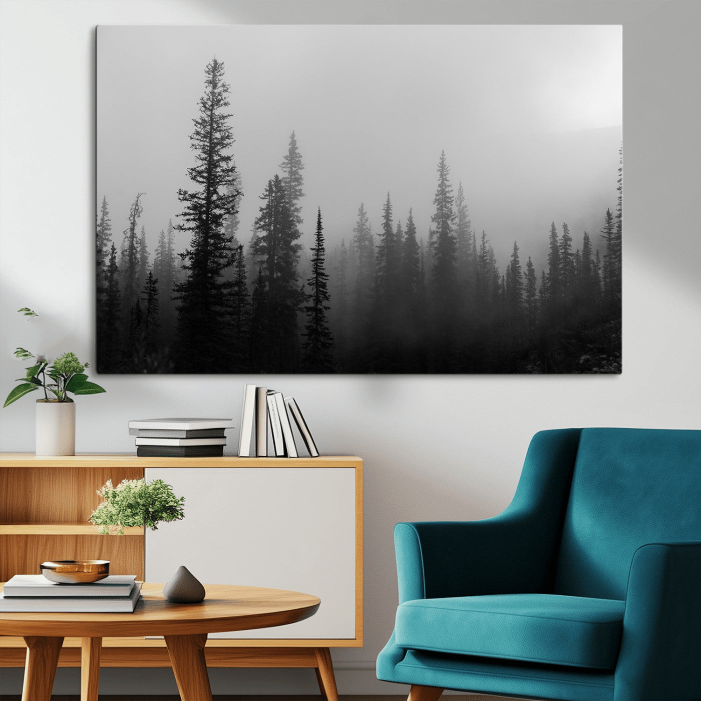 73138900-MGV-CV-36X24-Misty Pines Wall Art Canvas Print, Framed Woodland Photography Art Picture Print, Minimalist Decor Perfect Modern Rustic Decor