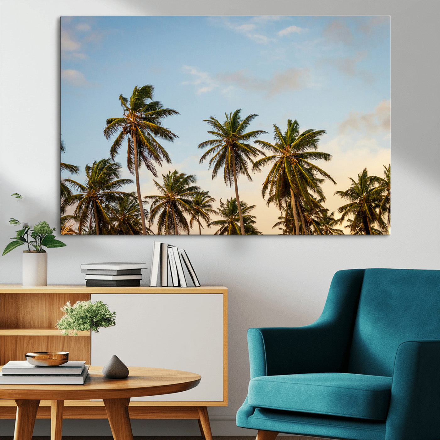 99033771-MGV-CV-36X24-Palm Trees Wall Art Canvas Print, Framed Tropical Vibes Art Picture Print, Coastal Sunset Perfect Coastal Boho Decor Artwork