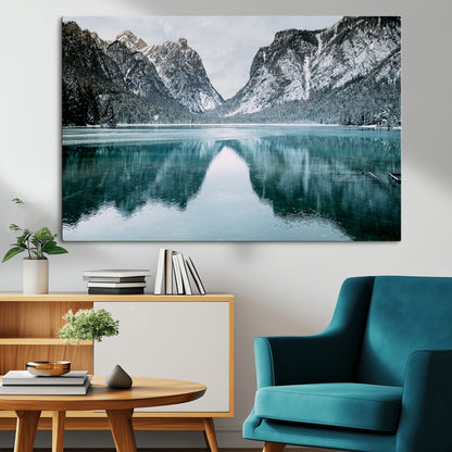 73098373-MGV-CV-36X24-Mountain Lake Wall Art Canvas Print, Framed Winter Wonderland Art Picture Print, Snowy Peaks Perfect Modern Nature Decor Artwork