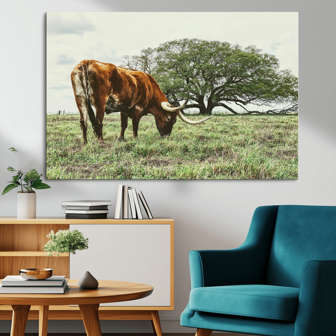 91866234-MGV-CV-36X24-Texas Longhorn Wall Art Canvas Print, Framed Rustic Ranch Art Picture Print, Western Cattle Perfect Rustic Farmhouse Decor Artwork