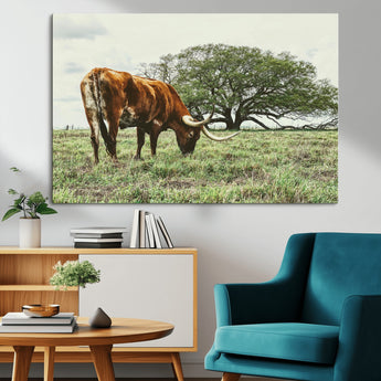 91866234-MGV-CV-36X24-Texas Longhorn Wall Art Canvas Print, Framed Rustic Ranch Art Picture Print, Western Cattle Perfect Rustic Farmhouse Decor Artwork