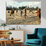 39144651-MGV-CV-36X24-Texas Longhorns Wall Art Canvas Print, Framed Rustic Farm Scene Art Picture Print, Western Cattle Perfect Rustic Farmhouse Decor