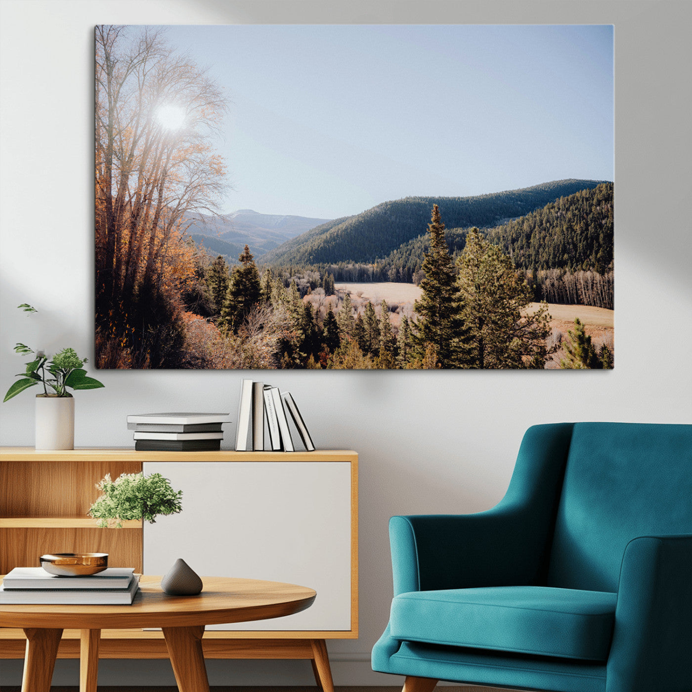 52941305-MGV-CV-36X24-Rustic Landscape Wall Art Canvas Print, Framed Serene Valley Art Picture Print, Pine Tree Horizon Perfect Rustic Cabin Decor