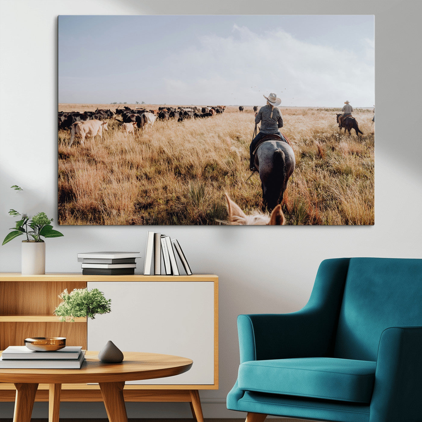 22431577-MGV-CV-36X24-Western Wall Art Wall Art Canvas Print, Framed Cowboy Canvas Art Picture Print, Cattle Drive Scene Perfect Rustic Western Decor