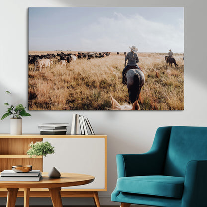 22431577-MGV-CV-36X24-Western Wall Art Wall Art Canvas Print, Framed Cowboy Canvas Art Picture Print, Cattle Drive Scene Perfect Rustic Western Decor