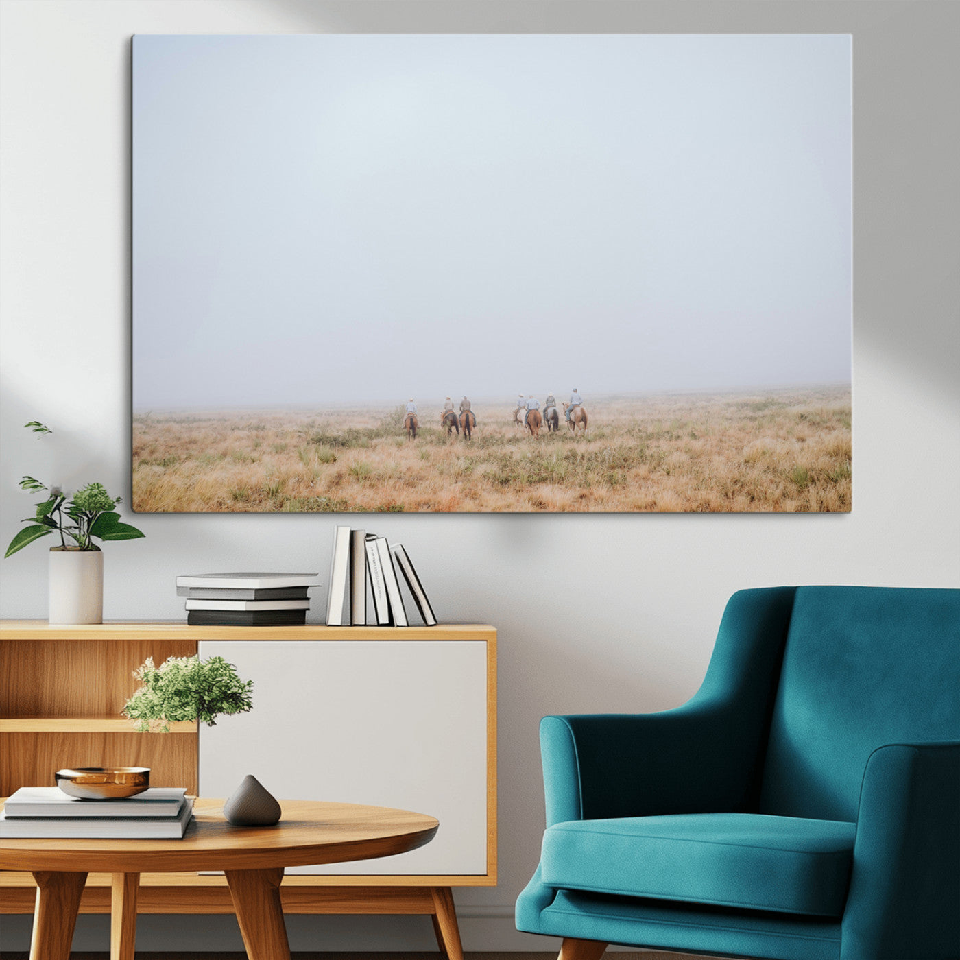 14761944-MGV-CV-36X24-Foggy Plains Wall Art Canvas Print, Framed Horseback Riders Art Picture Print, Rustic Western Perfect Rustic Western Decor Artwork