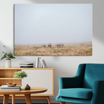 14761944-MGV-CV-36X24-Foggy Plains Wall Art Canvas Print, Framed Horseback Riders Art Picture Print, Rustic Western Perfect Rustic Western Decor Artwork