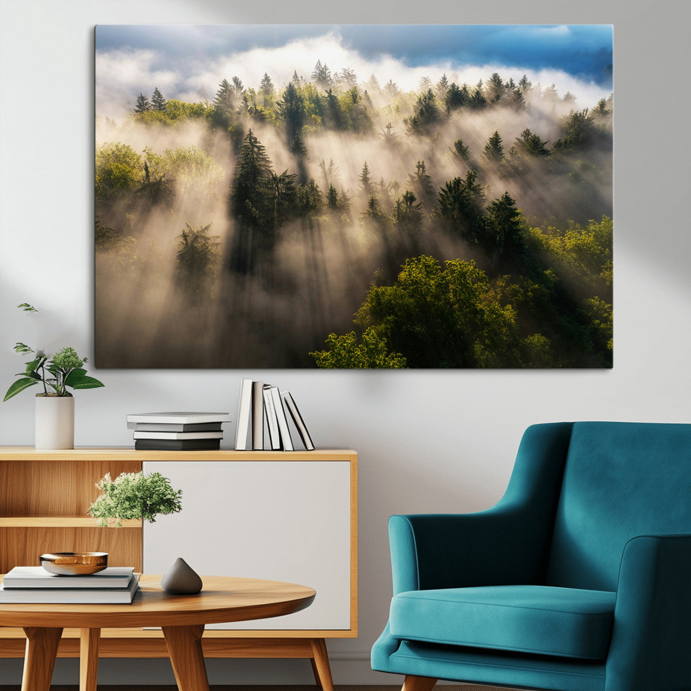 14785710-MGV-CV-36X24-Tranquil Forest Scene Wall Art Canvas Print, Framed Sunbeam Through Trees Art Picture Print, Moody Green Wall Art Perfect