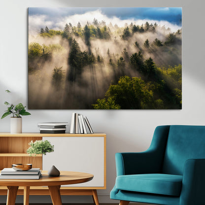 14785710-MGV-CV-36X24-Tranquil Forest Scene Wall Art Canvas Print, Framed Sunbeam Through Trees Art Picture Print, Moody Green Wall Art Perfect