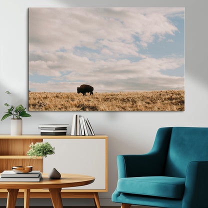 22754563-MGV-CV-36X24-Earthy Tones Wall Art Canvas Print, Framed Rustic Nature Art Picture Print, Solitary Buffalo Perfect Western Minimalist Decor