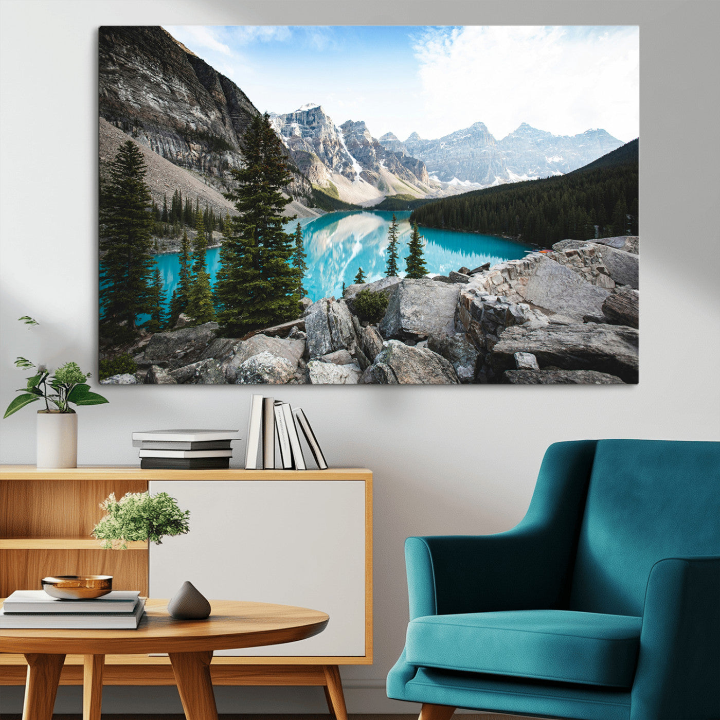 98014896-MGV-CV-36X24-Canadian Rockies Wall Art Canvas Print, Framed Mountain Landscape Art Picture Print, Turquoise Water Perfect Scandinavian