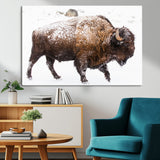 94261165-MGV-CV-36X24-Snowy Buffalo Wall Art Canvas Print, Framed Wildlife Photography Art Picture Print, Brown Tones Perfect Rustic Lodge Decor Decor