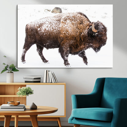 94261165-MGV-CV-36X24-Snowy Buffalo Wall Art Canvas Print, Framed Wildlife Photography Art Picture Print, Brown Tones Perfect Rustic Lodge Decor Decor