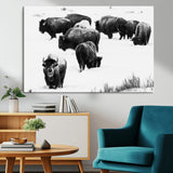 18914414-MGV-CV-36X24-Buffalo Herd Wall Art Canvas Print, Framed Black and White Art Picture Print, Snowy Landscape Perfect Rustic Lodge Decor Decor