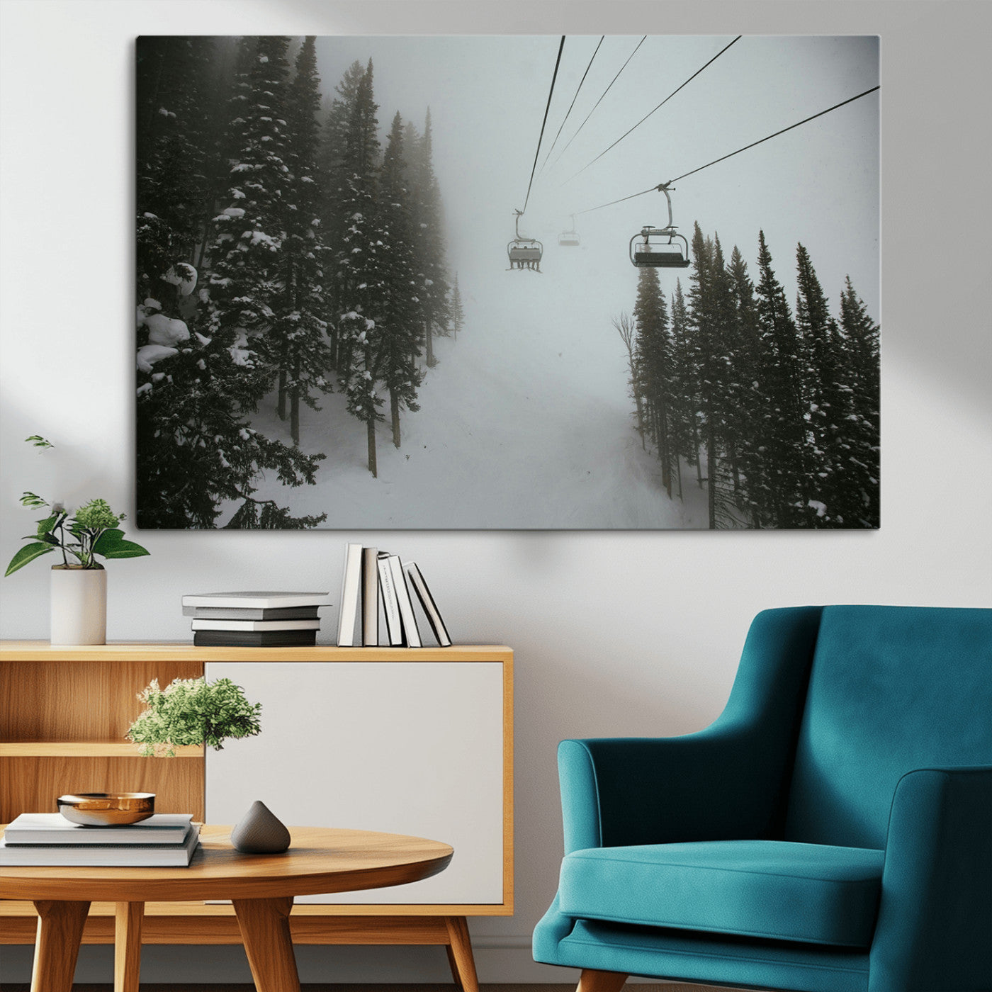 87018452-MGV-CV-36X24-Ski Lift Wall Art Canvas Print, Framed Snowy Pines Art Picture Print, Misty Landscape Perfect Winter Serenity Decor Artwork