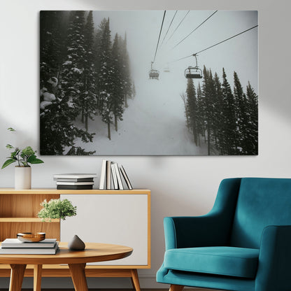 87018452-MGV-CV-36X24-Ski Lift Wall Art Canvas Print, Framed Snowy Pines Art Picture Print, Misty Landscape Perfect Winter Serenity Decor Artwork