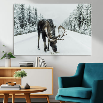 13316292-MGV-CV-36X24-Moose in Snow Wall Art Canvas Print, Framed Winter Wildlife Art Picture Print, Snowy Forest Scene Perfect Rustic Lodge Decor