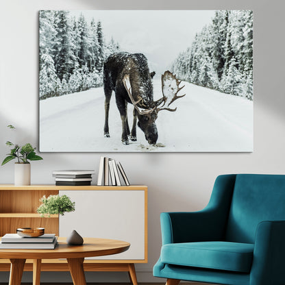 13316292-MGV-CV-36X24-Moose in Snow Wall Art Canvas Print, Framed Winter Wildlife Art Picture Print, Snowy Forest Scene Perfect Rustic Lodge Decor