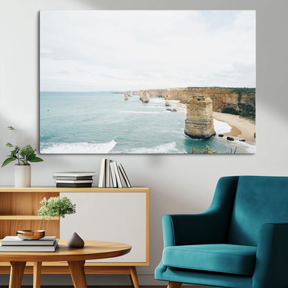 70095633-MGV-CV-36X24-Twelve Apostles Wall Art Canvas Print, Framed Coastal Cliffs Art Picture Print, Rugged Rock Formations Perfect Minimalist Coastal