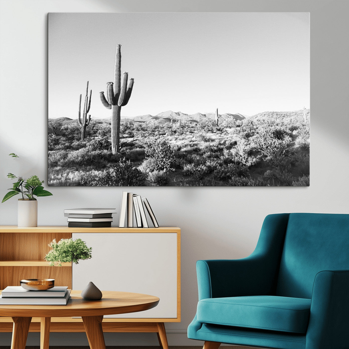 85205054-MGV-CV-36X24-Saguaro Cactus Wall Art Canvas Print, Framed Monochrome Landscape Art Picture Print, Scenic Arizona View Perfect Minimalist