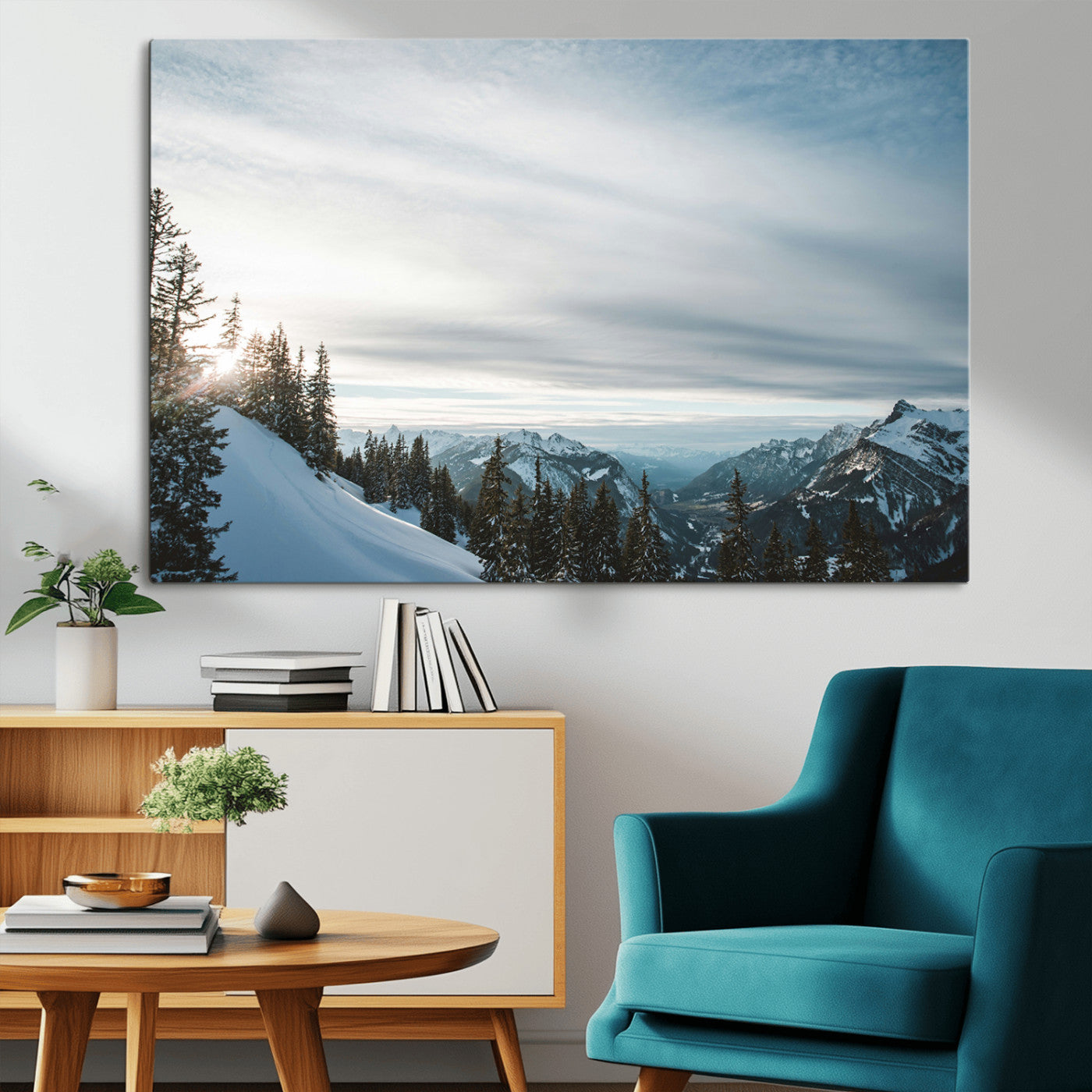 55564749-MGV-CV-36X24-Snowy Mountains Wall Art Canvas Print, Framed Alpine Landscape Art Picture Print, Frosty Peaks Perfect Nordic Minimalist Decor