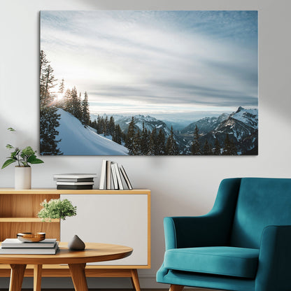 55564749-MGV-CV-36X24-Snowy Mountains Wall Art Canvas Print, Framed Alpine Landscape Art Picture Print, Frosty Peaks Perfect Nordic Minimalist Decor