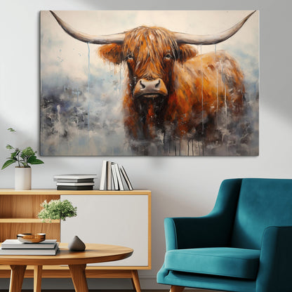 X61001-MGV-CV-36X24-Scottish Highland Wall Art Canvas Print, Framed Longhorn Art Picture Print, Western Cow Perfect Farmhouse Decor Artwork