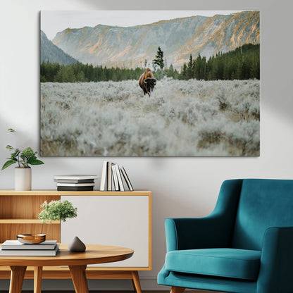 41674074-MGV-CV-36X24-Bison Wall Art – American Buffalo Wildlife Photography Canvas Print, Western Mountain Landscape Artwork Rustic Nature Decor for