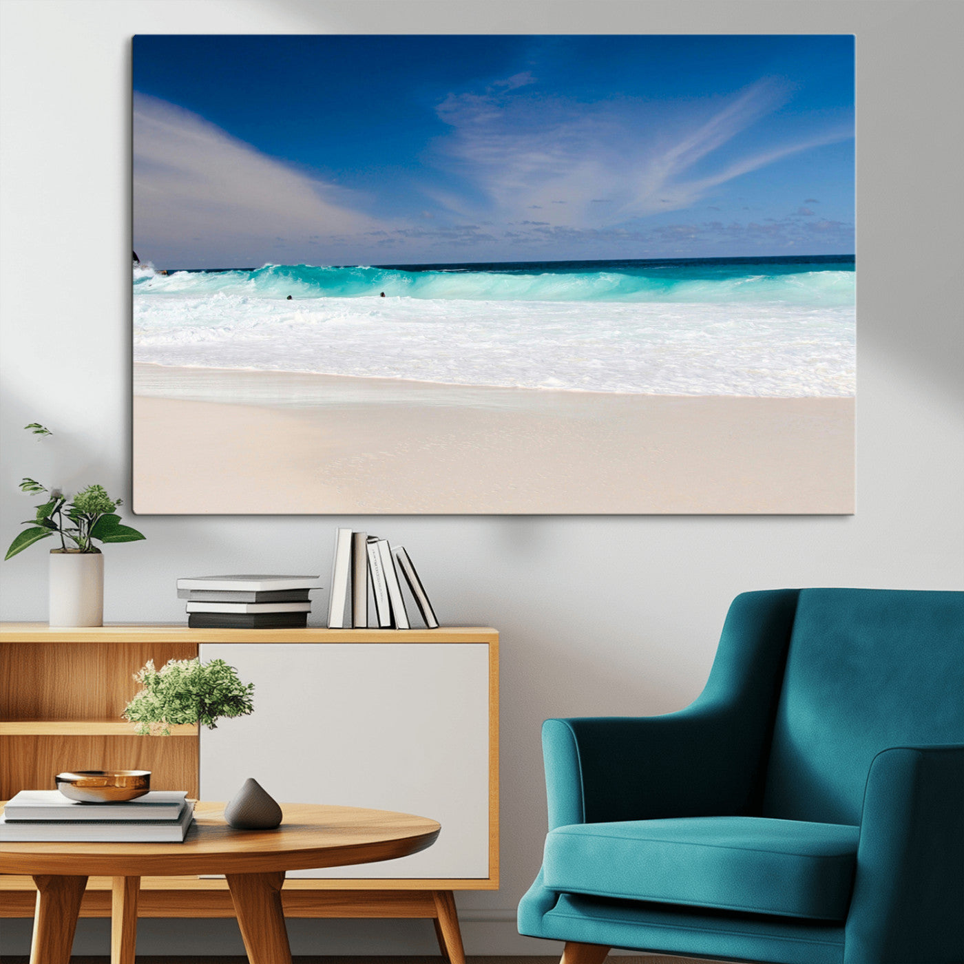 55017356-MGV-CV-36X24-Ocean Beach Wall Art – Turquoise Wave and White Sand Shoreline Canvas Print, Coastal Seascape Photography Decor for Living Room,
