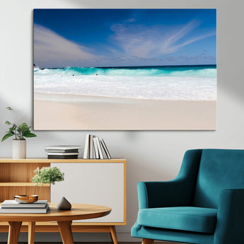 55017356-MGV-CV-36X24-Ocean Beach Wall Art – Turquoise Wave and White Sand Shoreline Canvas Print, Coastal Seascape Photography Decor for Living Room,