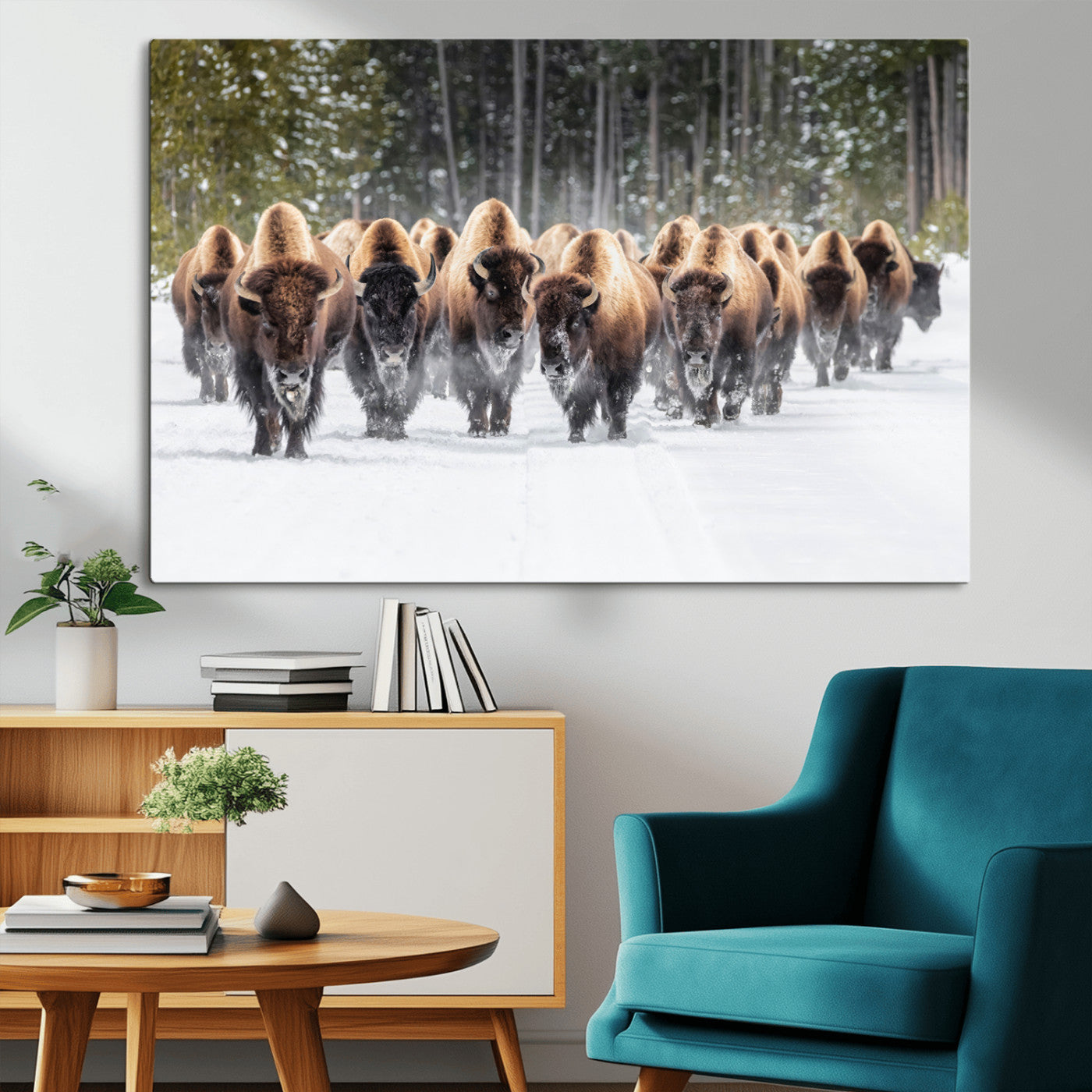 96906195-MGV-CV-36X24-Bison Herd Wall Art – American Buffalo Wildlife Photography Canvas Print, Winter Snow Scene Western Nature Decor for Living Room,
