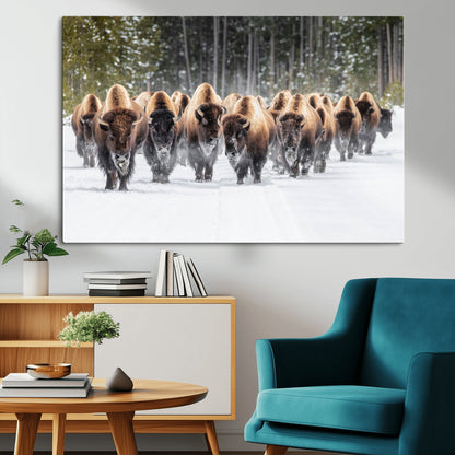 96906195-MGV-CV-36X24-Bison Herd Wall Art – American Buffalo Wildlife Photography Canvas Print, Winter Snow Scene Western Nature Decor for Living Room,