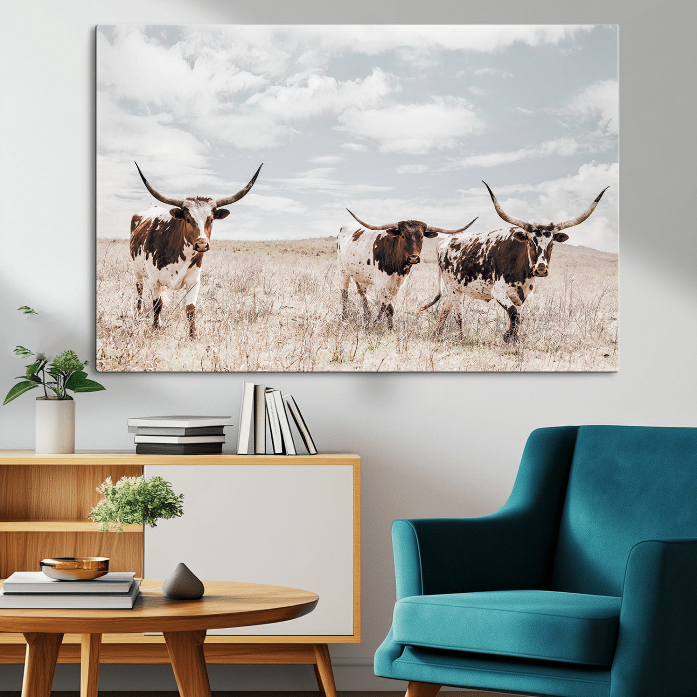 65621083-MGV-CV-36X24-Texas Longhorn Wall Art – Rustic Western Cattle Canvas Print, Southwestern Ranch Photography Decor for Living Room, Office,