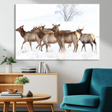 41416314-MGV-CV-36X24-Elk Wall Art – Wildlife Herd Canvas Print in Snowy Landscape, Rustic Nature Painting, Western Cabin Lodge Decor for Living Room,
