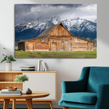 15173627-MGV-CV-36X24-Barn Wall Art – Rustic Wooden Cabin Canvas Print with Snowy Mountain Landscape, Western Farmhouse Country Decor for Living Room,
