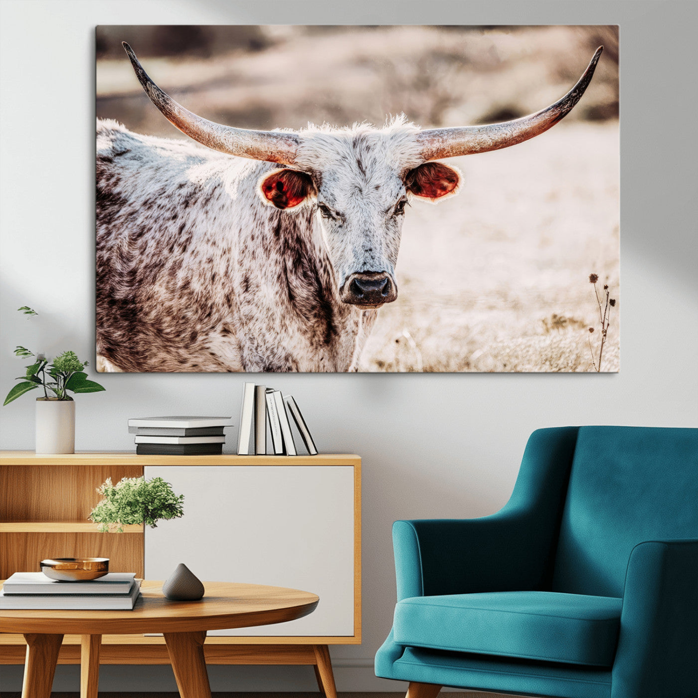 72388892-MGV-CV-36X24-Texas Longhorn Wall Art – Rustic Western Canvas Print, Cowboy Style Farmhouse Bull Artwork for Living Room, Ranch, Office or Man